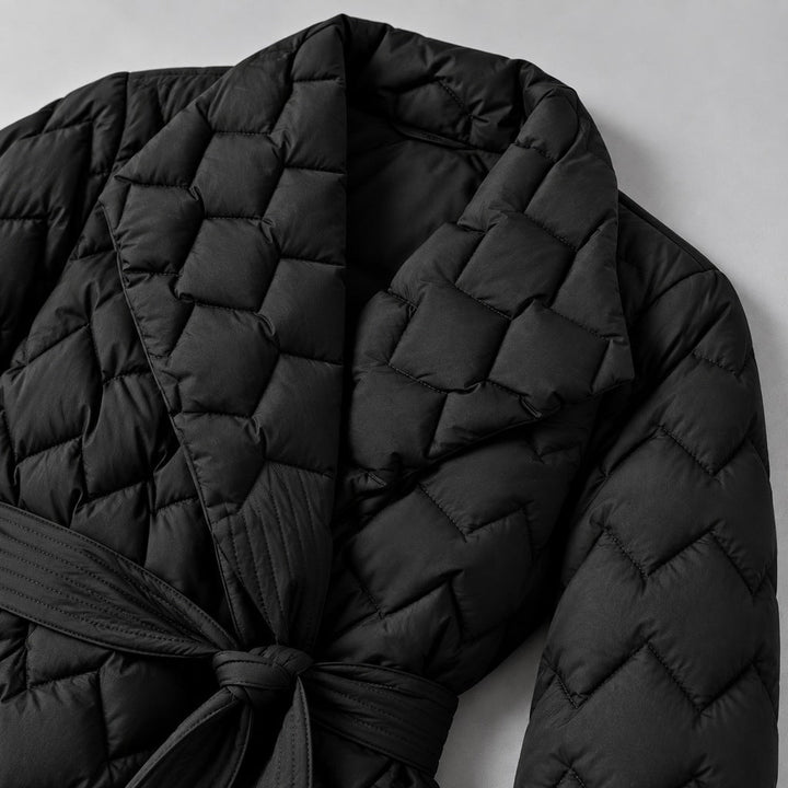 Kacob | Women's Belted Quilted Puffer Jacket with Shawl Collar – Woven Pattern Padded Wrap Jacket