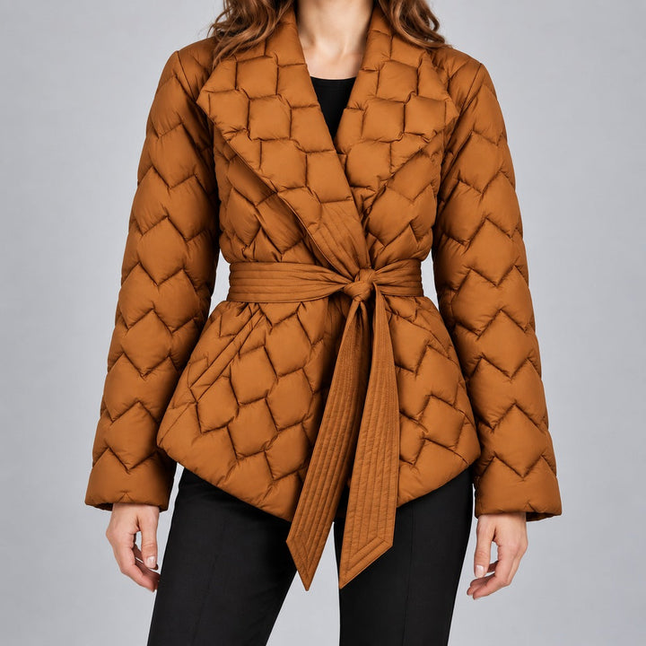 Kacob | Women's Belted Quilted Puffer Jacket with Shawl Collar – Woven Pattern Padded Wrap Jacket