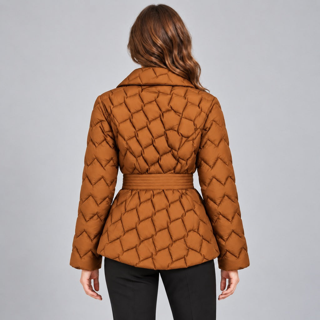 Kacob | Women's Belted Quilted Puffer Jacket with Shawl Collar – Woven Pattern Padded Wrap Jacket