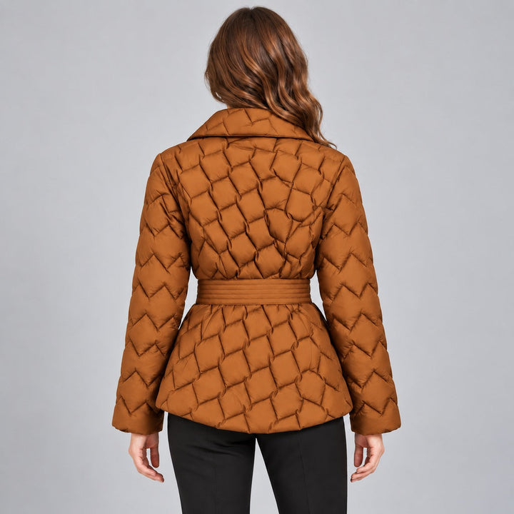 Kacob | Women's Belted Quilted Puffer Jacket with Shawl Collar – Woven Pattern Padded Wrap Jacket
