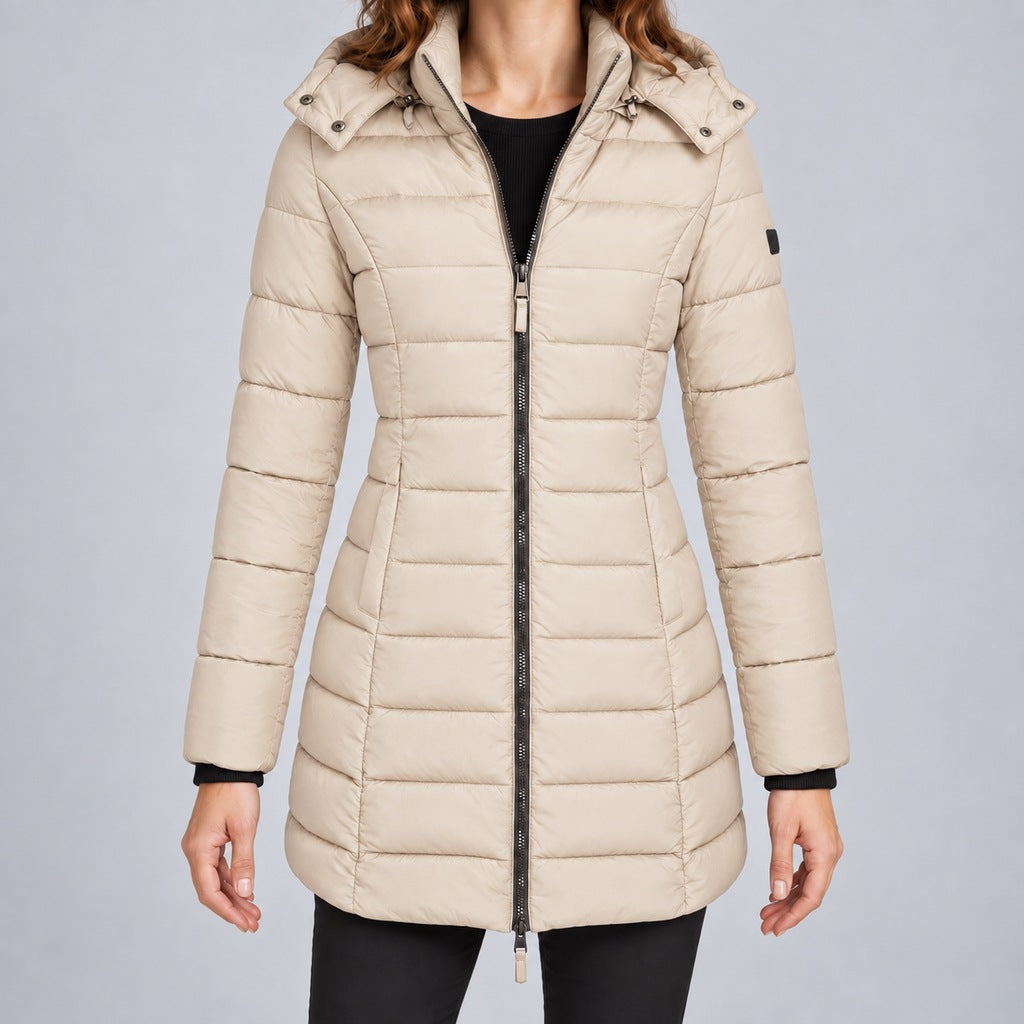 Kacob | Women's Long Hooded Puffer Jacket with Zip Front – Fitted Quilted Padded Winter Coat