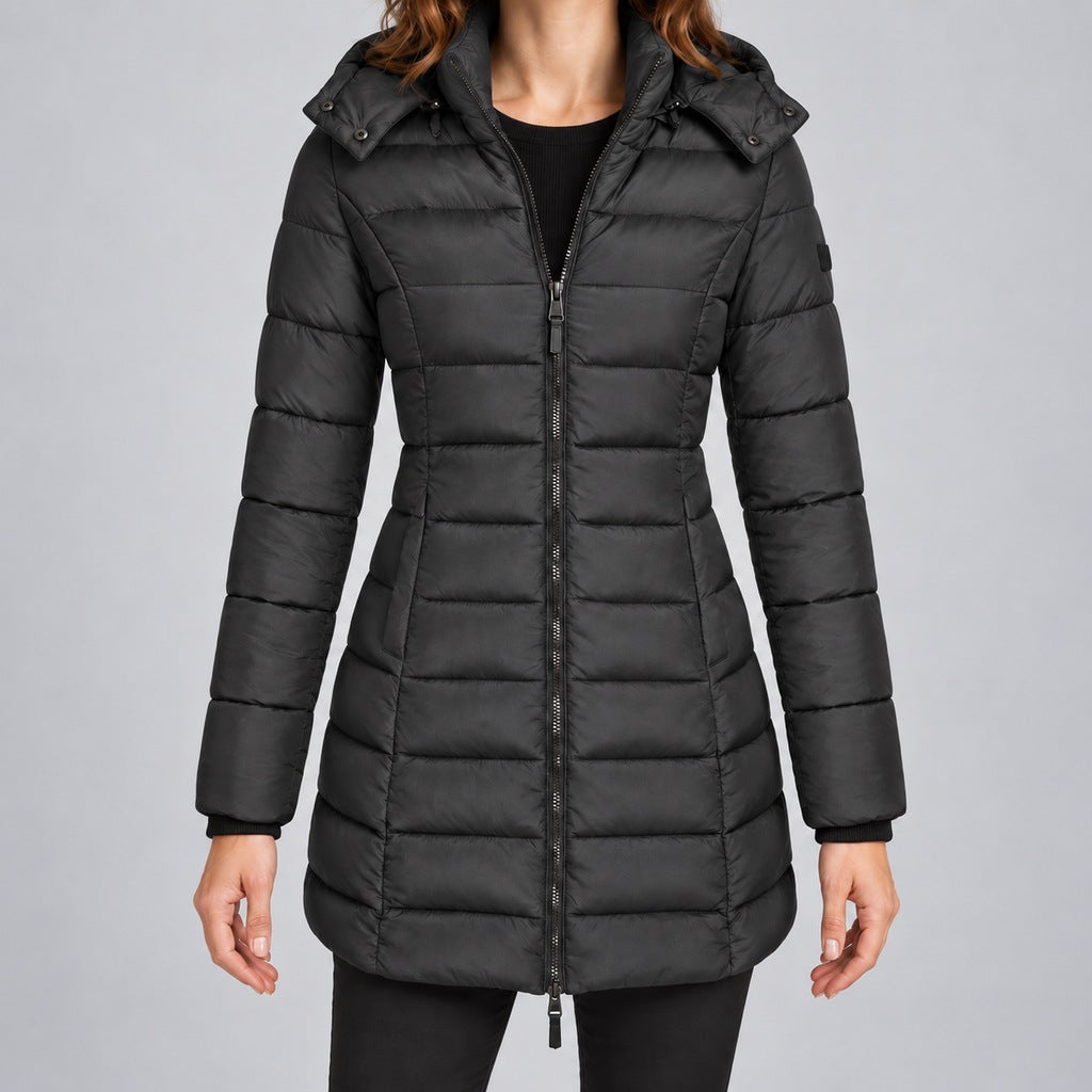 Kacob | Women's Long Hooded Puffer Jacket with Zip Front – Fitted Quilted Padded Winter Coat