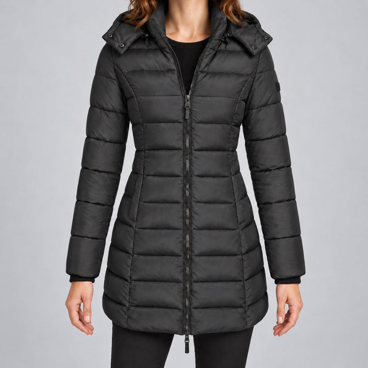 Kacob | Women's Long Hooded Puffer Jacket with Zip Front – Fitted Quilted Padded Winter Coat