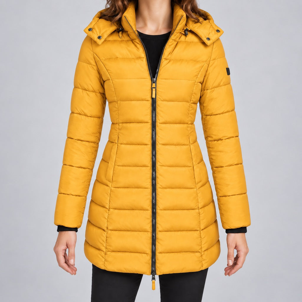 Kacob | Women's Long Hooded Puffer Jacket with Zip Front – Fitted Quilted Padded Winter Coat