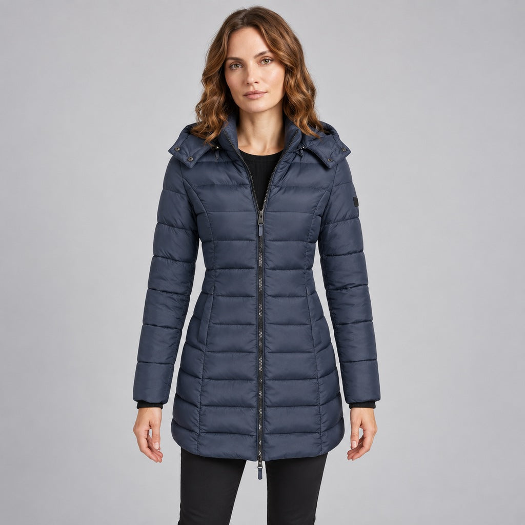 Kacob | Women's Long Hooded Puffer Jacket with Zip Front – Fitted Quilted Padded Winter Coat
