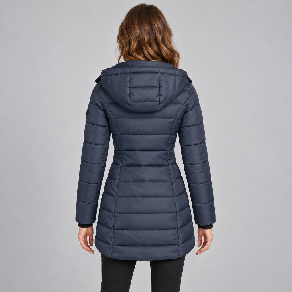 Kacob | Women's Long Hooded Puffer Jacket with Zip Front – Fitted Quilted Padded Winter Coat