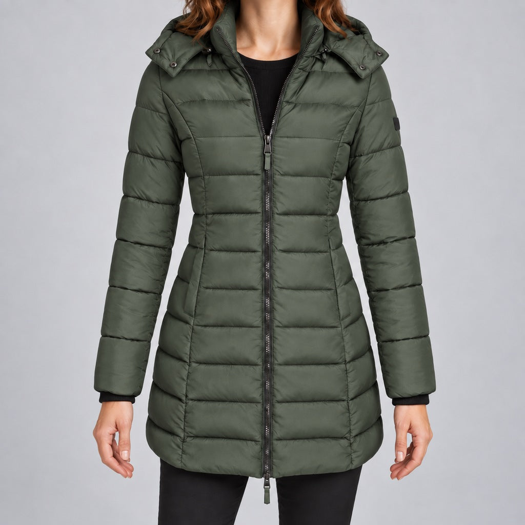 Kacob | Women's Long Hooded Puffer Jacket with Zip Front – Fitted Quilted Padded Winter Coat
