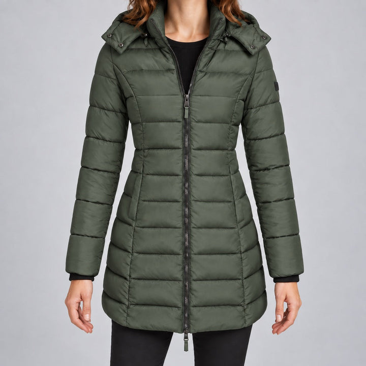 Kacob | Women's Long Hooded Puffer Jacket with Zip Front – Fitted Quilted Padded Winter Coat