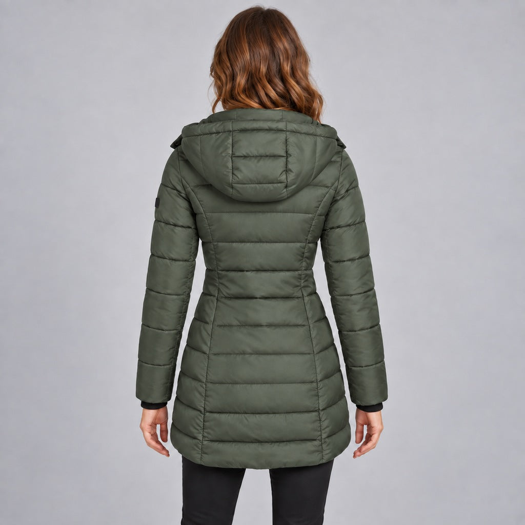 Kacob | Women's Long Hooded Puffer Jacket with Zip Front – Fitted Quilted Padded Winter Coat