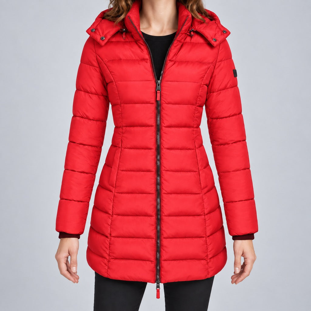 Kacob | Women's Long Hooded Puffer Jacket with Zip Front – Fitted Quilted Padded Winter Coat