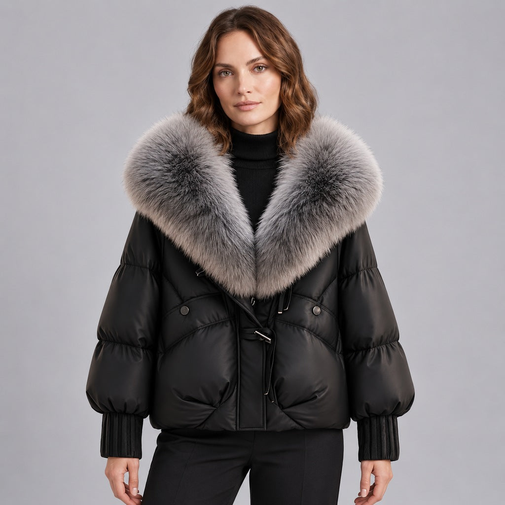 Kacob | Women's Glossy Puffer Jacket with Oversized Faux Fur Collar – Toggle Front Short Padded Coat