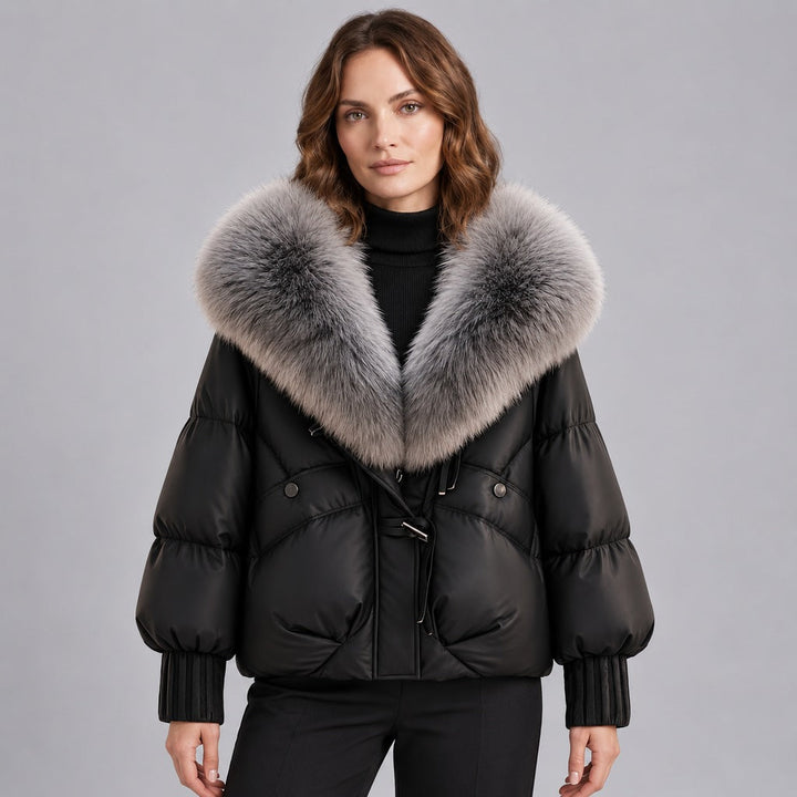 Kacob | Women's Glossy Puffer Jacket with Oversized Faux Fur Collar – Toggle Front Short Padded Coat
