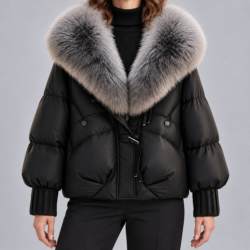 Kacob | Women's Glossy Puffer Jacket with Oversized Faux Fur Collar – Toggle Front Short Padded Coat