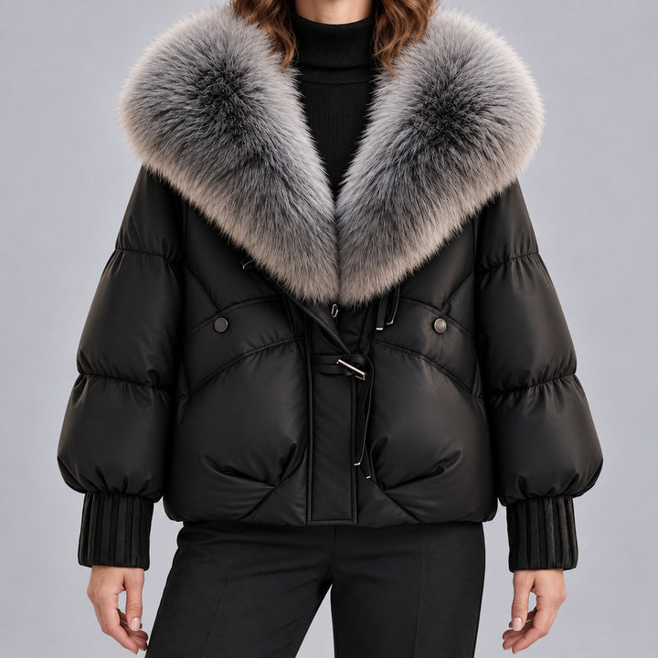 Kacob | Women's Glossy Puffer Jacket with Oversized Faux Fur Collar – Toggle Front Short Padded Coat