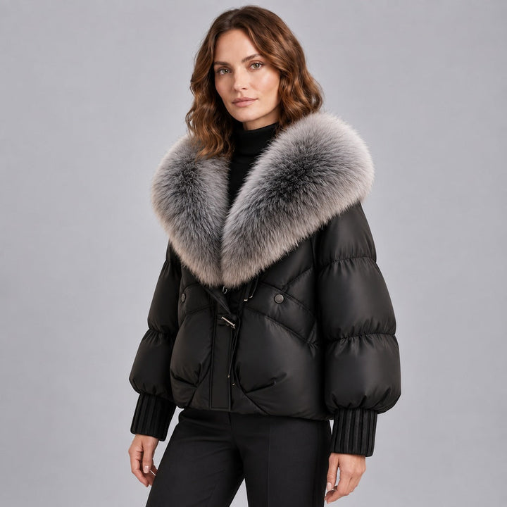 Kacob | Women's Glossy Puffer Jacket with Oversized Faux Fur Collar – Toggle Front Short Padded Coat