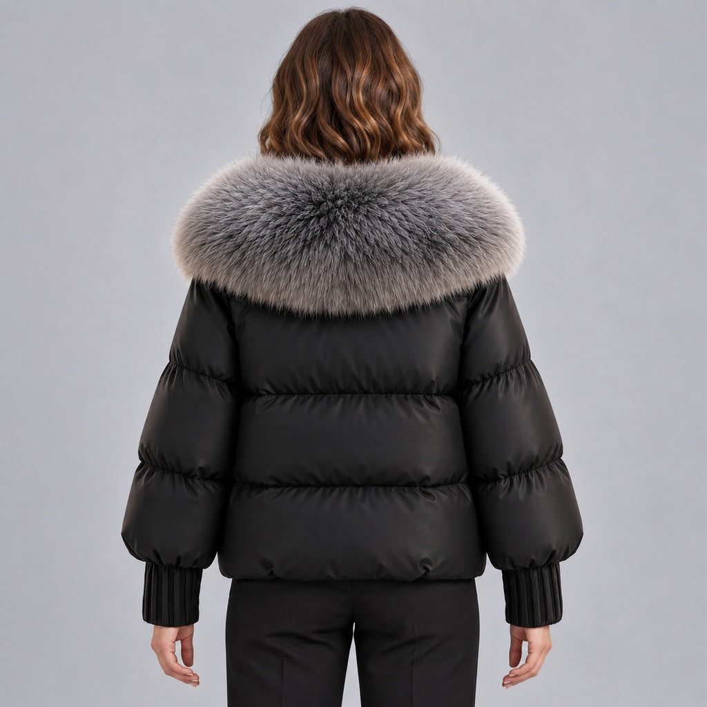Kacob | Women's Glossy Puffer Jacket with Oversized Faux Fur Collar – Toggle Front Short Padded Coat
