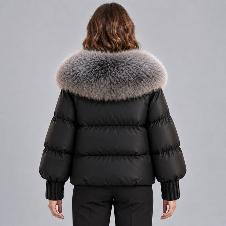 Kacob | Women's Glossy Puffer Jacket with Oversized Faux Fur Collar – Toggle Front Short Padded Coat