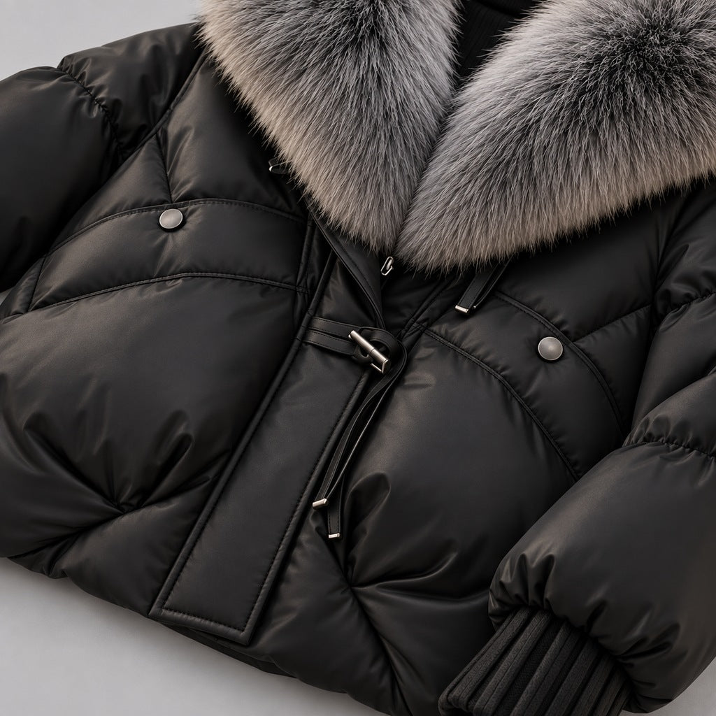 Kacob | Women's Glossy Puffer Jacket with Oversized Faux Fur Collar – Toggle Front Short Padded Coat