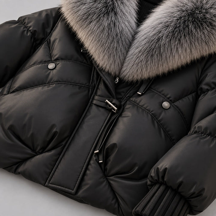 Kacob | Women's Glossy Puffer Jacket with Oversized Faux Fur Collar – Toggle Front Short Padded Coat
