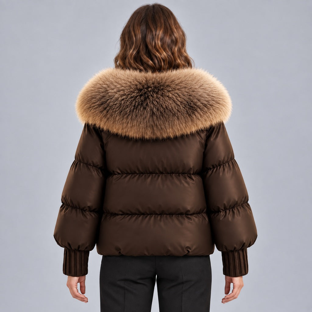 Kacob | Women's Glossy Puffer Jacket with Oversized Faux Fur Collar – Toggle Front Short Padded Coat
