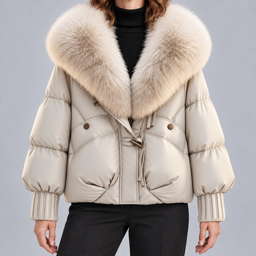 Kacob | Women's Glossy Puffer Jacket with Oversized Faux Fur Collar – Toggle Front Short Padded Coat