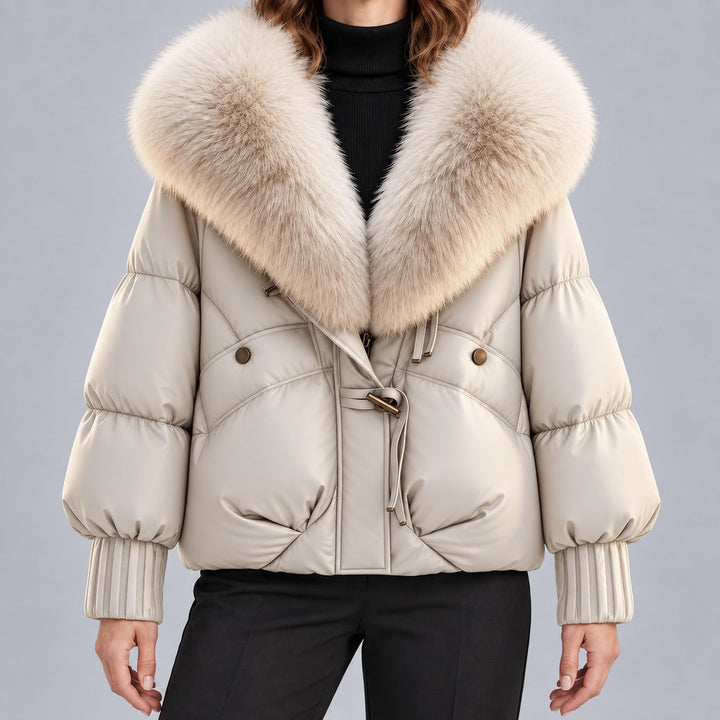 Kacob | Women's Glossy Puffer Jacket with Oversized Faux Fur Collar – Toggle Front Short Padded Coat