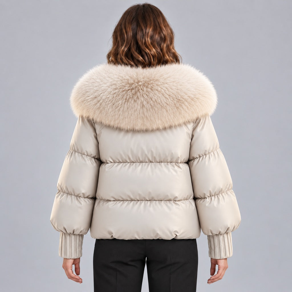 Kacob | Women's Glossy Puffer Jacket with Oversized Faux Fur Collar – Toggle Front Short Padded Coat