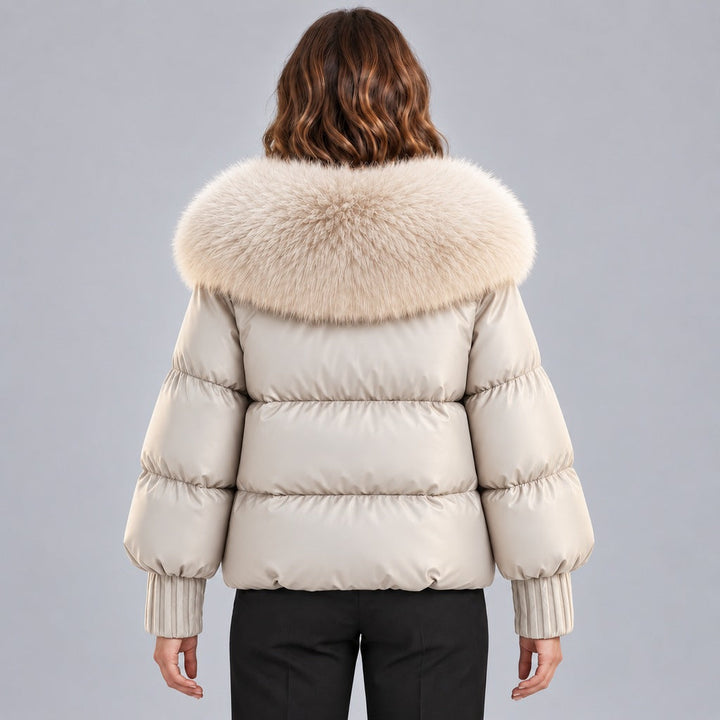 Kacob | Women's Glossy Puffer Jacket with Oversized Faux Fur Collar – Toggle Front Short Padded Coat