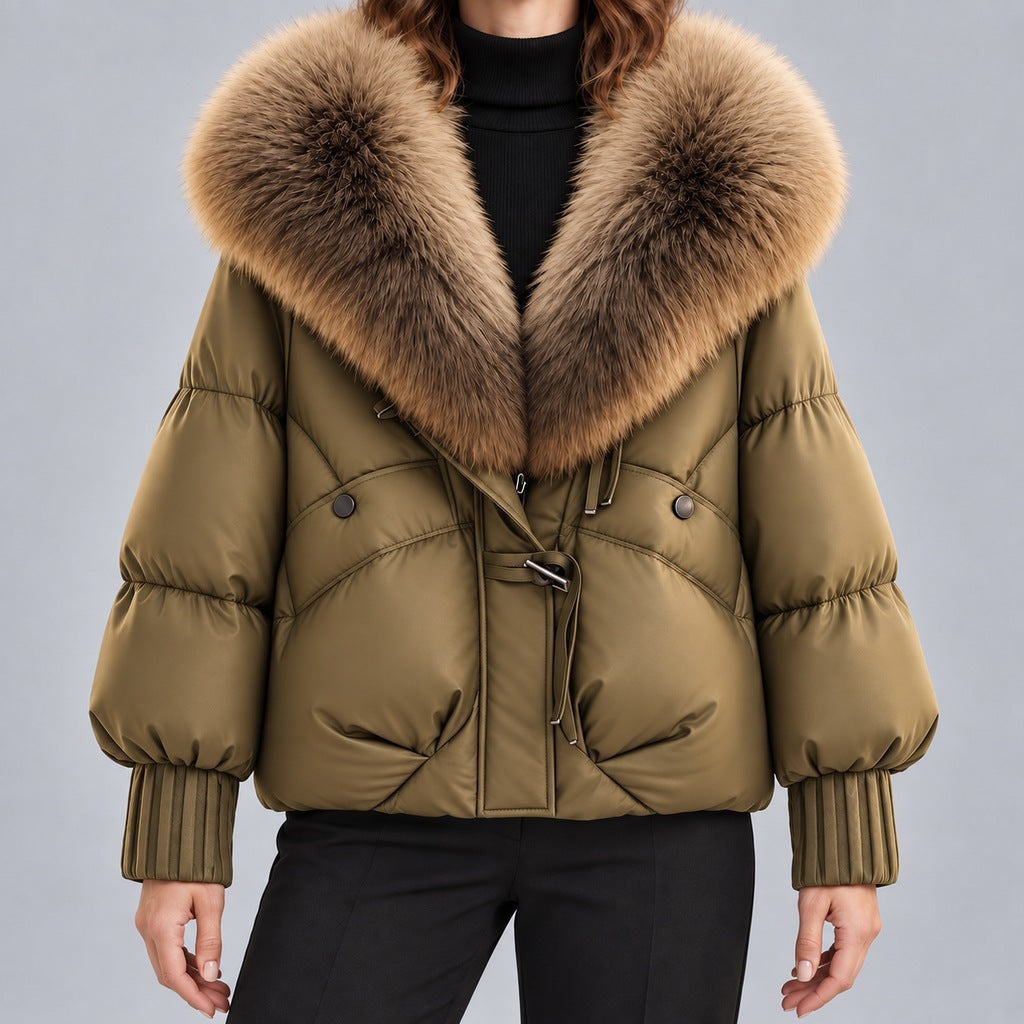 Kacob | Women's Glossy Puffer Jacket with Oversized Faux Fur Collar – Toggle Front Short Padded Coat
