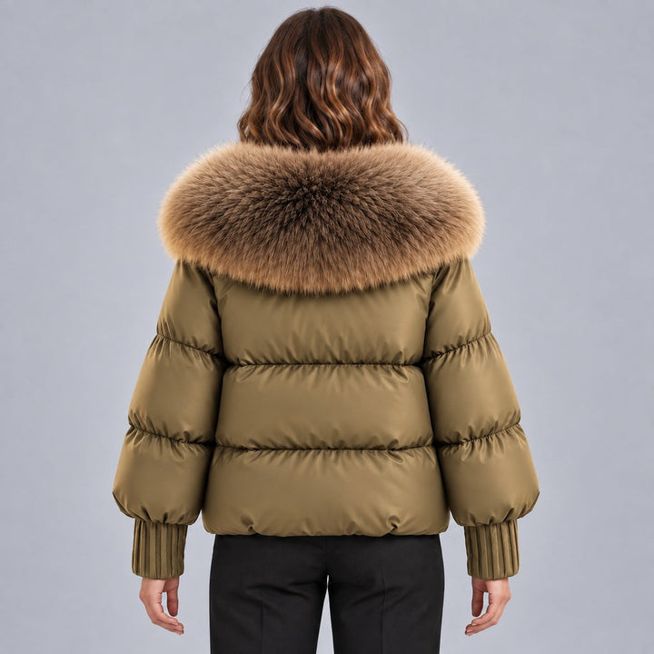 Kacob | Women's Glossy Puffer Jacket with Oversized Faux Fur Collar – Toggle Front Short Padded Coat