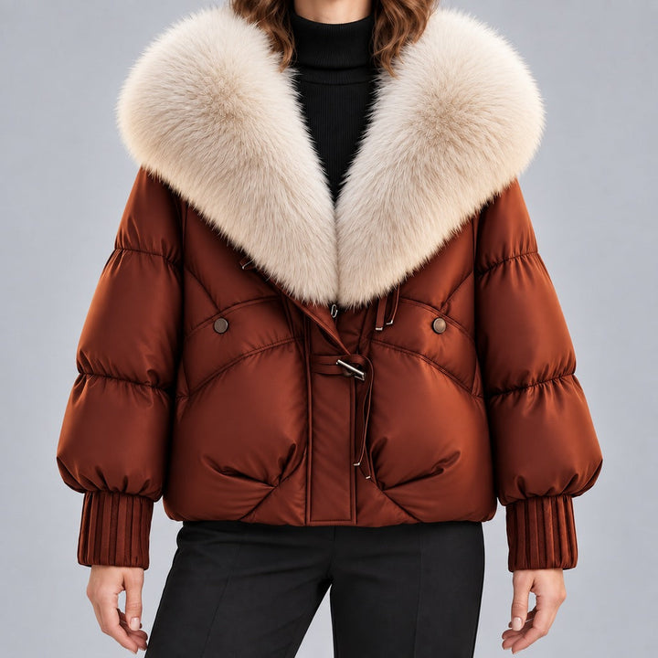 Kacob | Women's Glossy Puffer Jacket with Oversized Faux Fur Collar – Toggle Front Short Padded Coat
