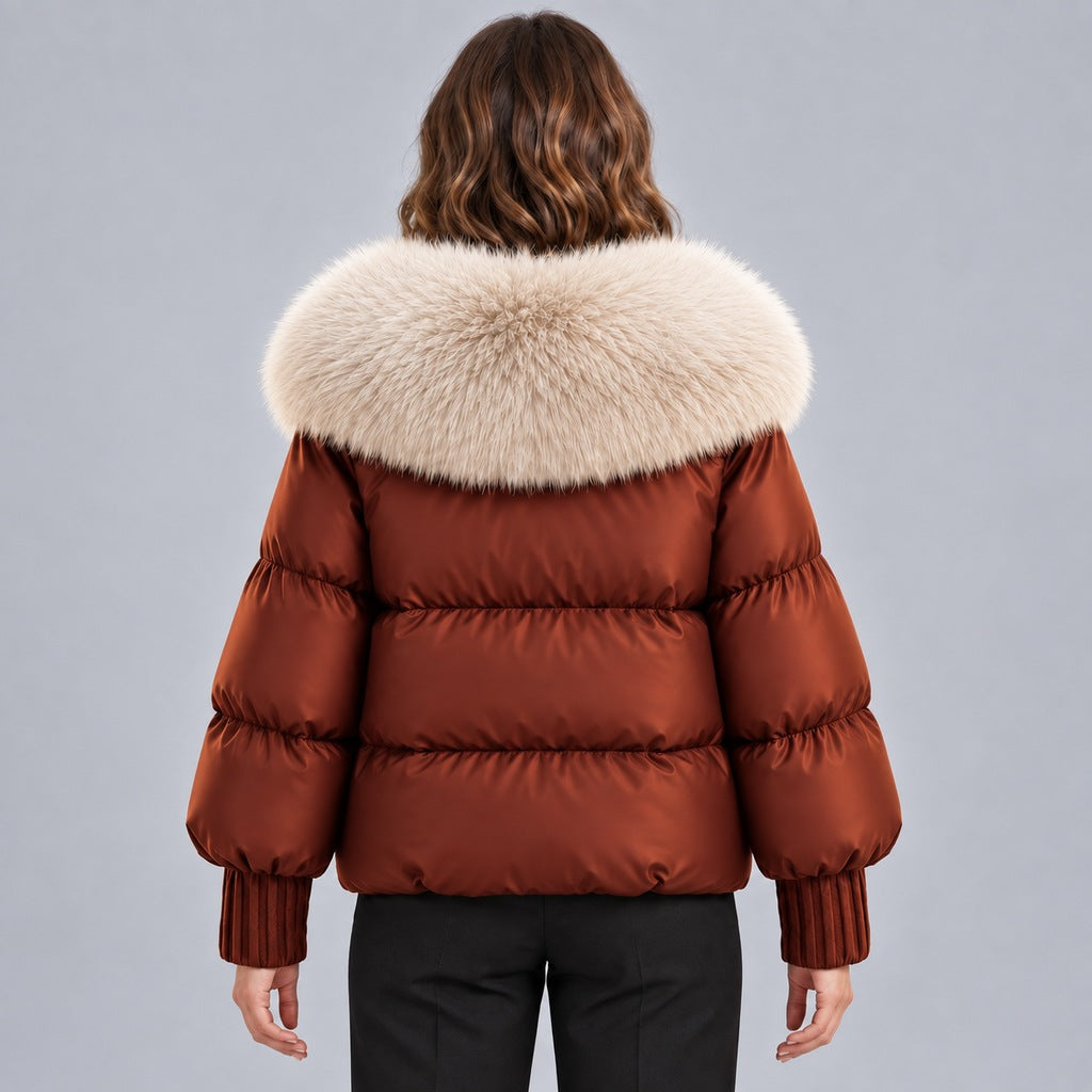 Kacob | Women's Glossy Puffer Jacket with Oversized Faux Fur Collar – Toggle Front Short Padded Coat
