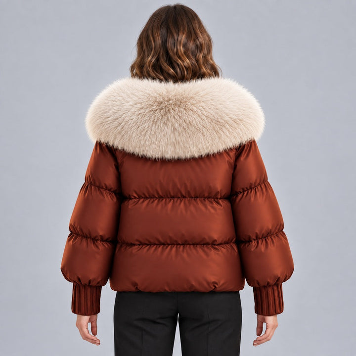 Kacob | Women's Glossy Puffer Jacket with Oversized Faux Fur Collar – Toggle Front Short Padded Coat