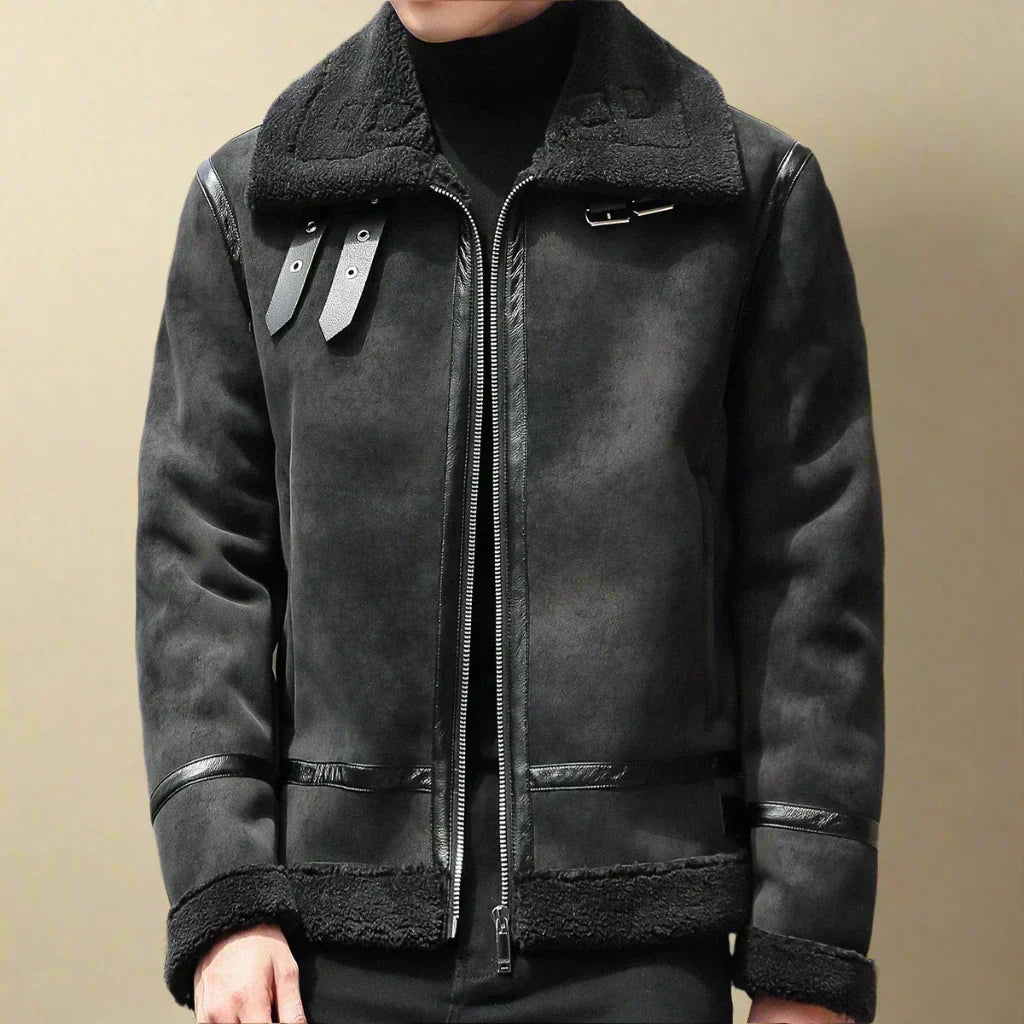 Cappotto Invernale in Pelle Scamosciata con Cintura per Uomo