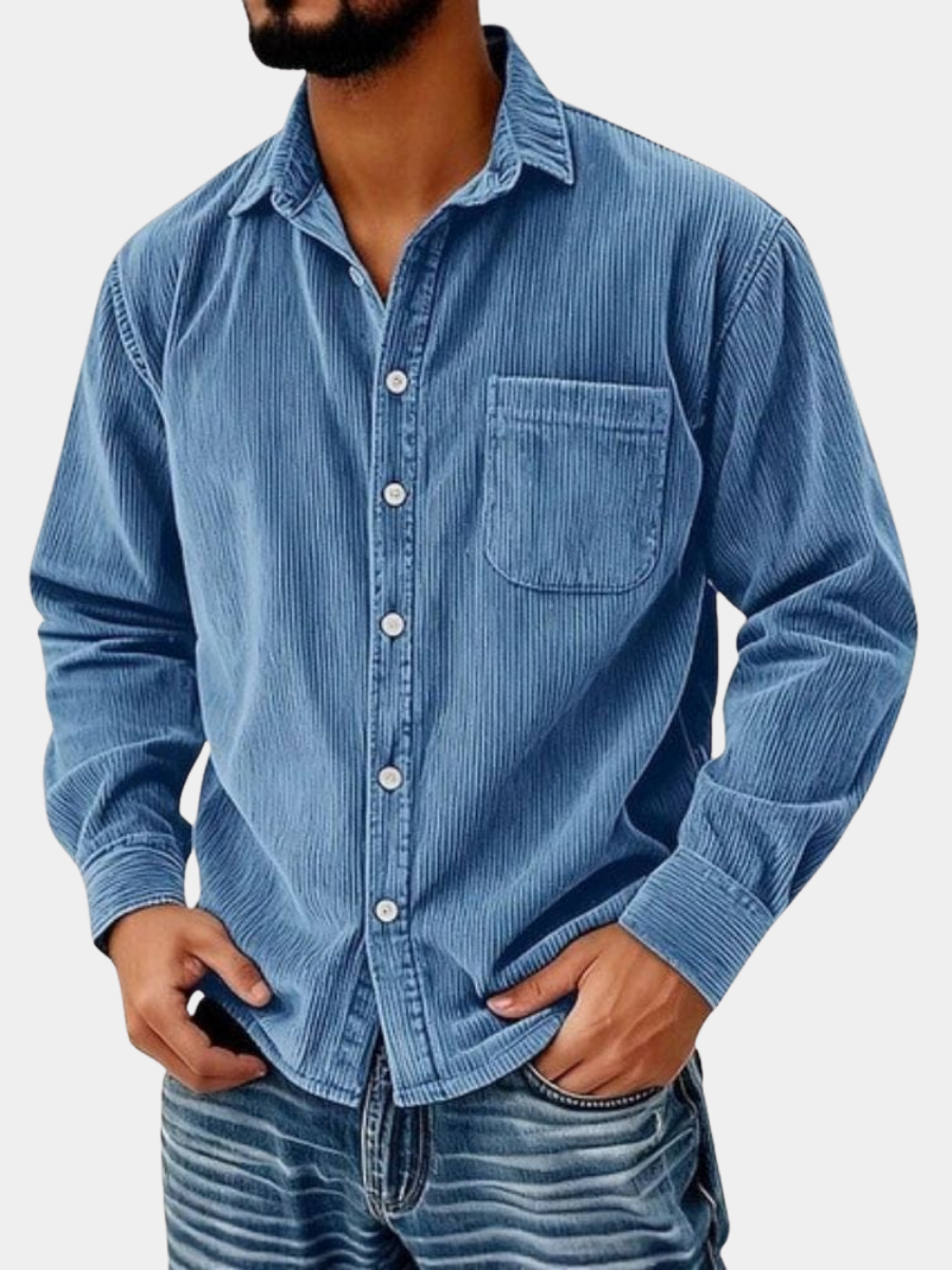 Camicia Abbottonata Velluto a Coste Uomo Ruggero Blu – Bottega Moretti