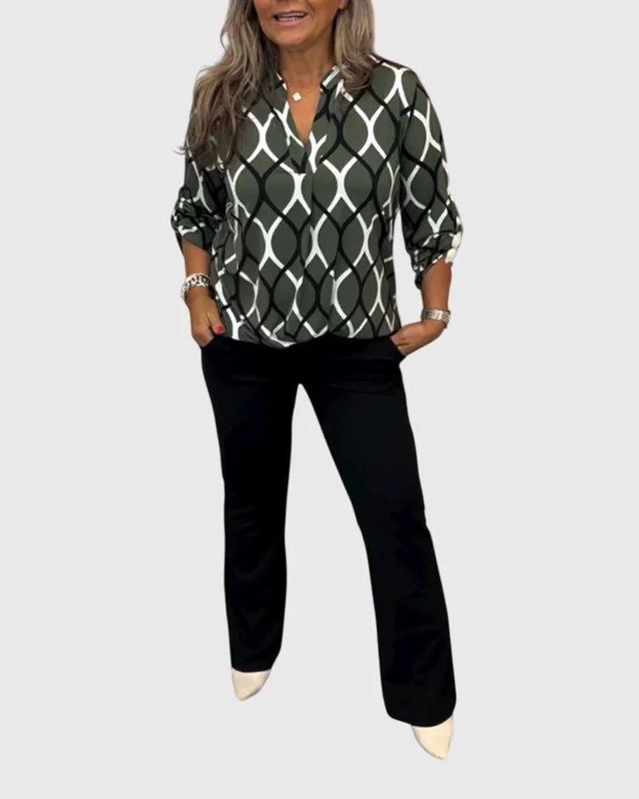 Women's button-front collared blouse with geometric chain pattern