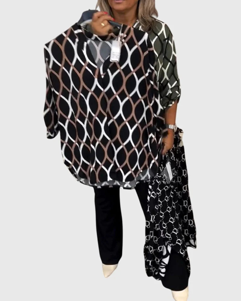 Women's button-front collared blouse with geometric chain pattern