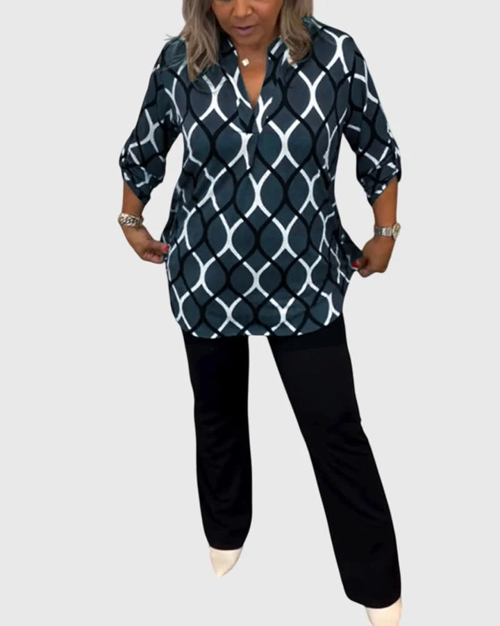 Women's button-front collared blouse with geometric chain pattern