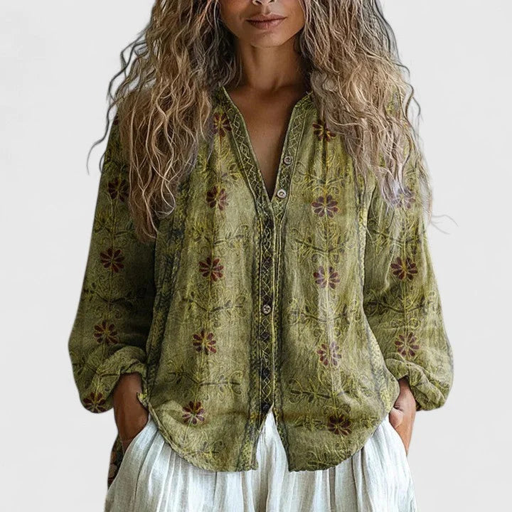 Women's floral cotton button-front blouse with print pattern