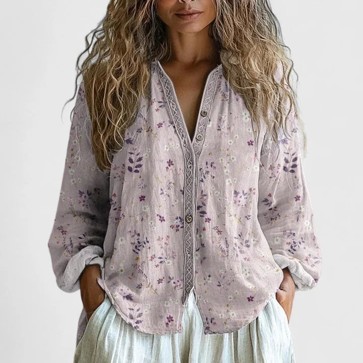 Women's floral cotton button-front blouse with print pattern