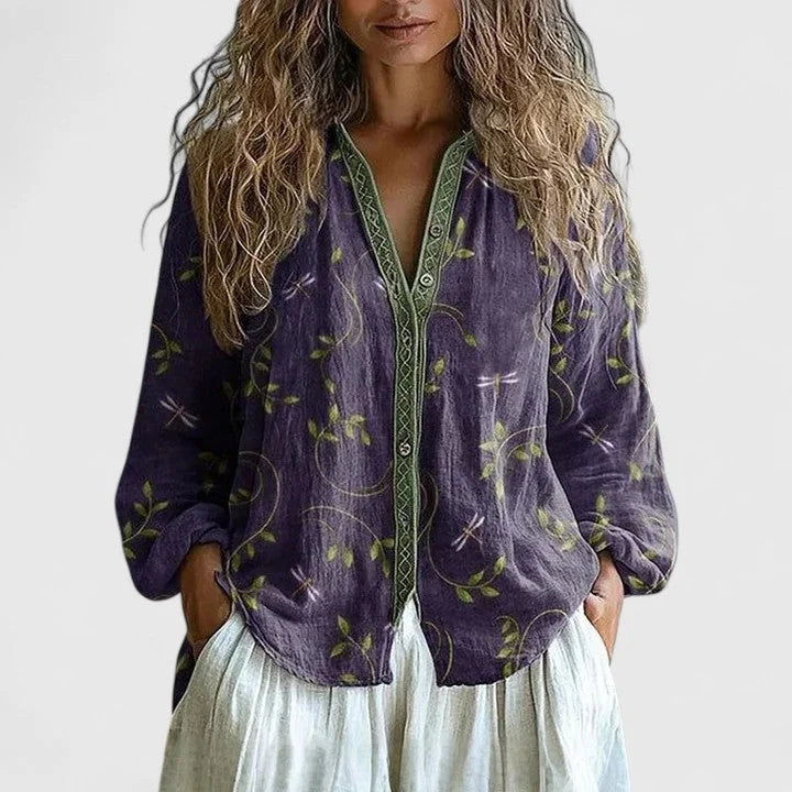 Women's floral cotton button-front blouse with print pattern