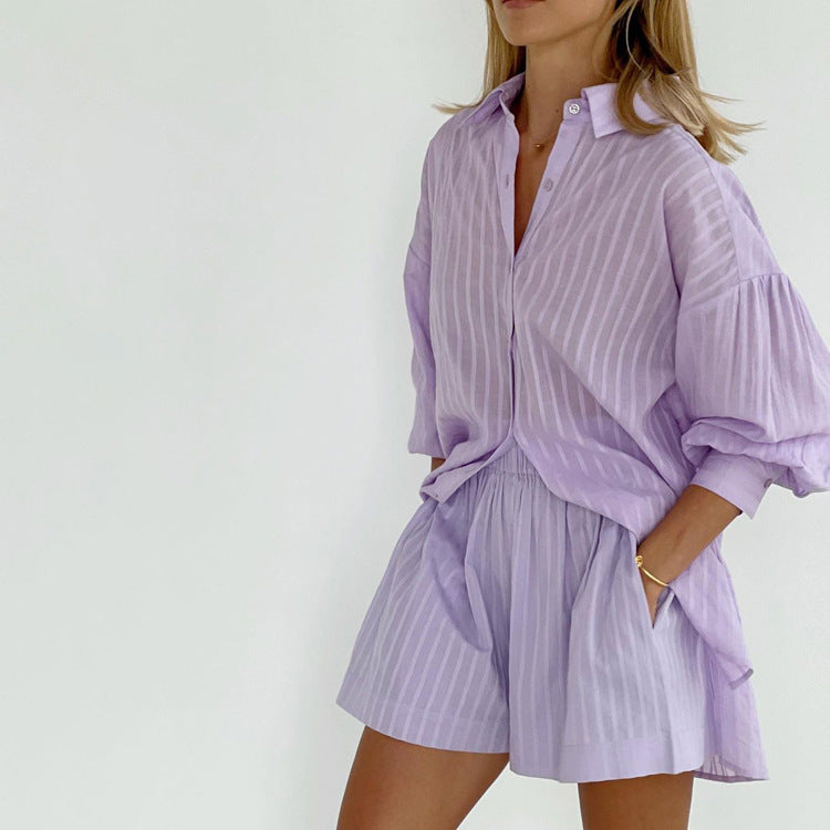 Completo con Camicia a Bottoni e Pantaloni Corti Leggeri Viola – foto 2
