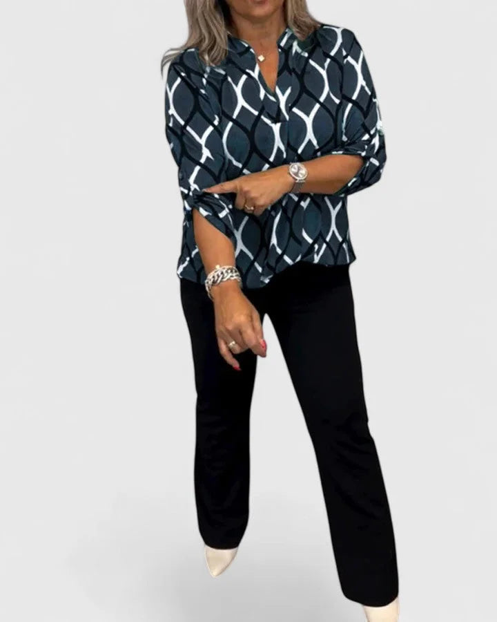 Women's v-neck blouse with roll-tab sleeves