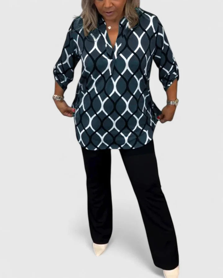 Women's v-neck blouse with roll-tab sleeves