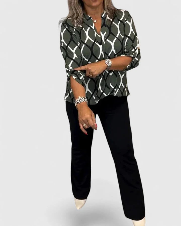 Women's v-neck blouse with roll-tab sleeves