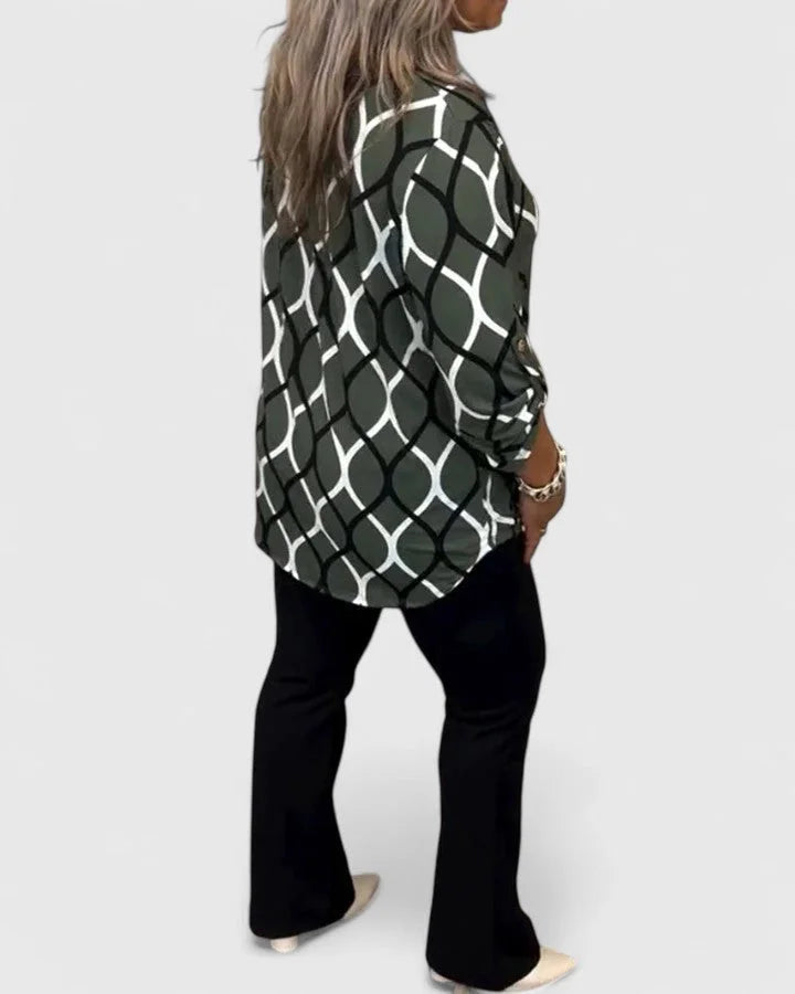 Women's v-neck blouse with roll-tab sleeves