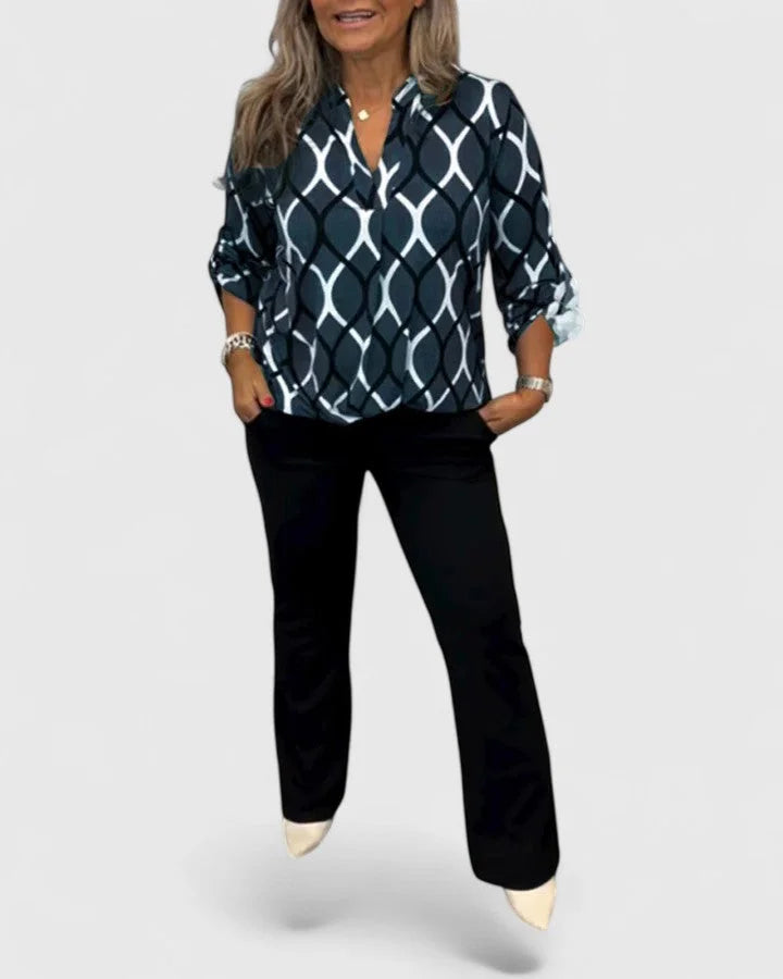 Women's v-neck blouse with roll-tab sleeves