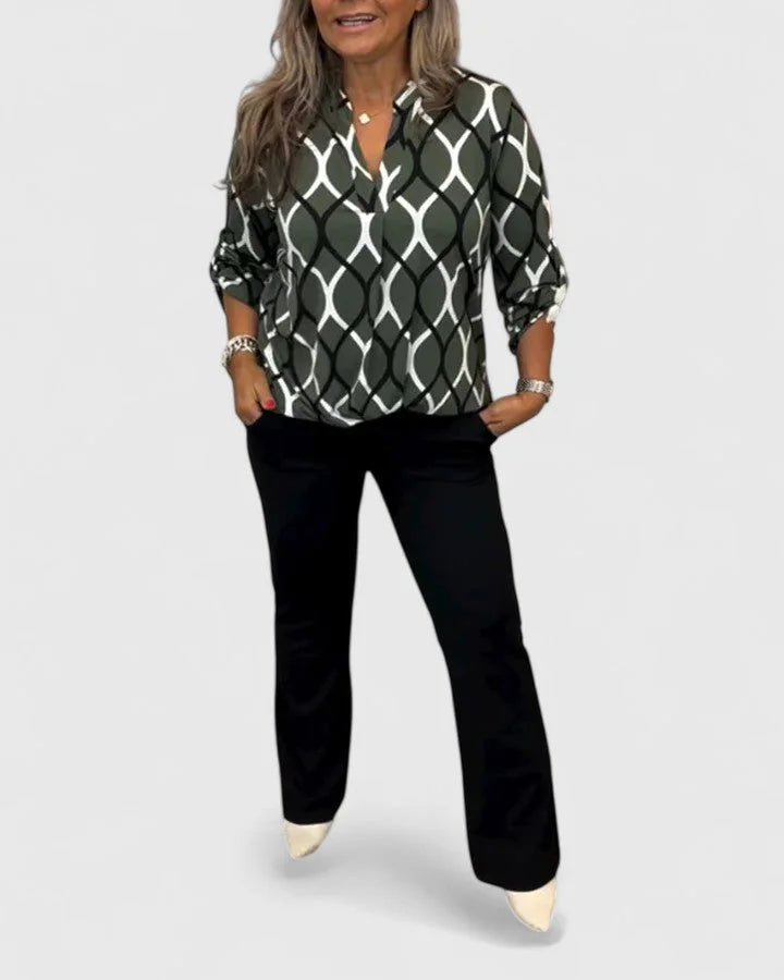 Women's v-neck blouse with roll-tab sleeves