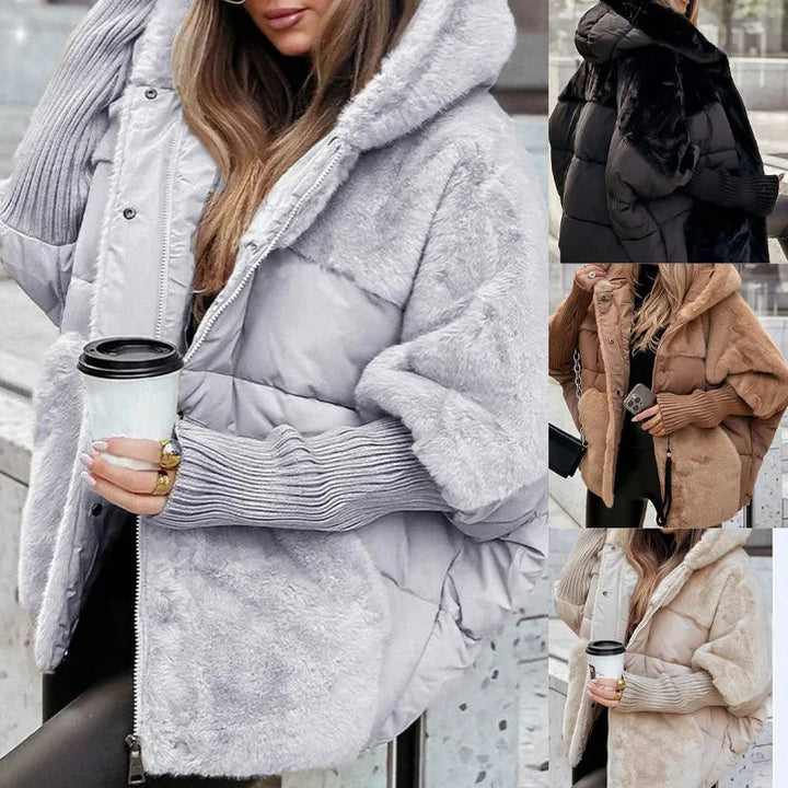 Women's quilted zip-up hood puffer jacket with faux fur panels