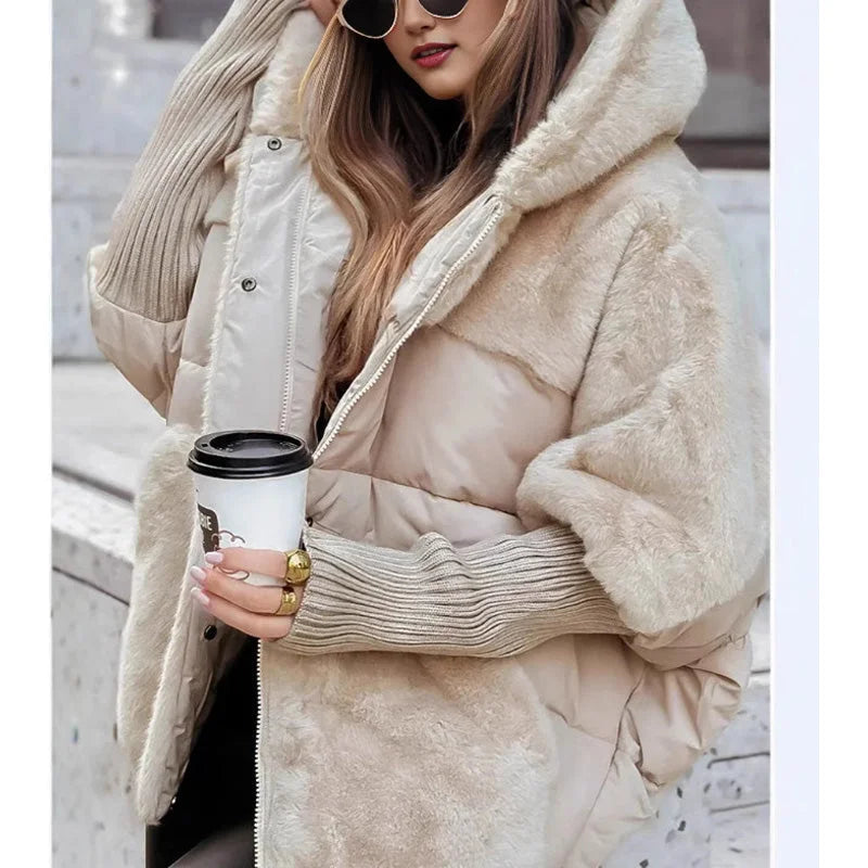 Women's quilted zip-up hood puffer jacket with faux fur panels